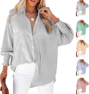 Elvessa Ethereal Stripe Blouse with Pockets, Mid-Length Shirt with Striped Lapel, Button Down Blouse Tops with Pocket