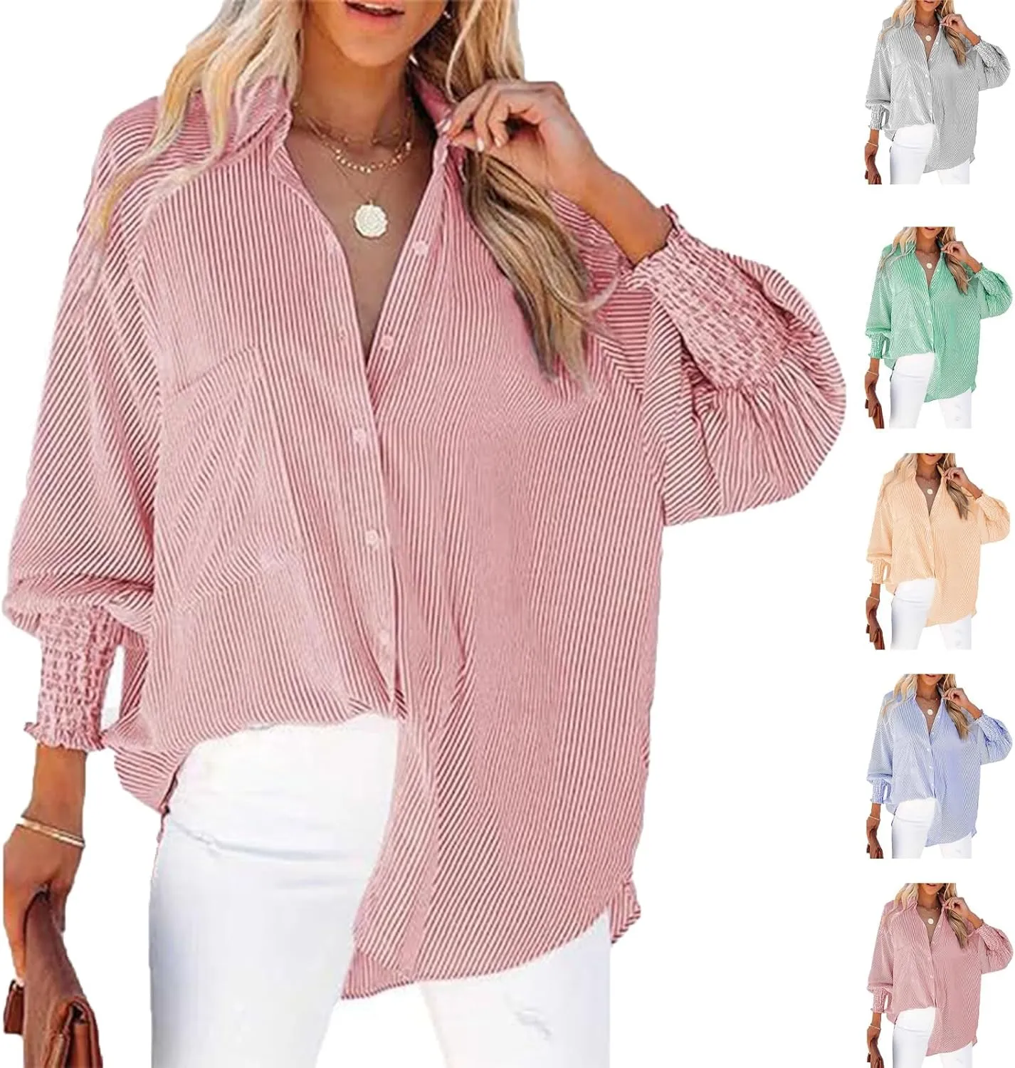 Elvessa Ethereal Stripe Blouse with Pockets, Mid-Length Shirt with Striped Lapel, Button Down Blouse Tops with Pocket