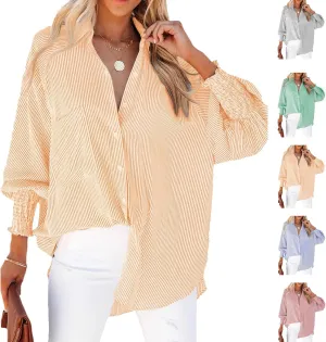 Elvessa Ethereal Stripe Blouse with Pockets, Mid-Length Shirt with Striped Lapel, Button Down Blouse Tops with Pocket
