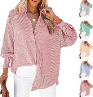 Elvessa Ethereal Stripe Blouse with Pockets, Mid-Length Shirt with Striped Lapel, Button Down Blouse Tops with Pocket