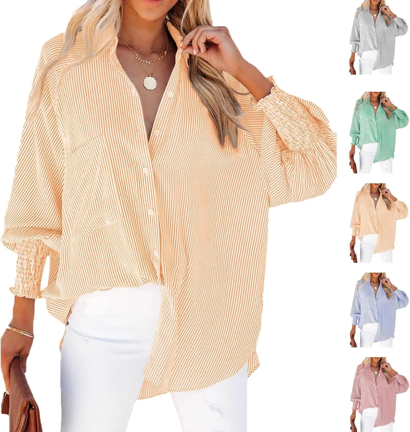 Elvessa Ethereal Stripe Blouse with Pockets, Mid-Length Shirt with Striped Lapel, Button Down Blouse Tops with Pocket