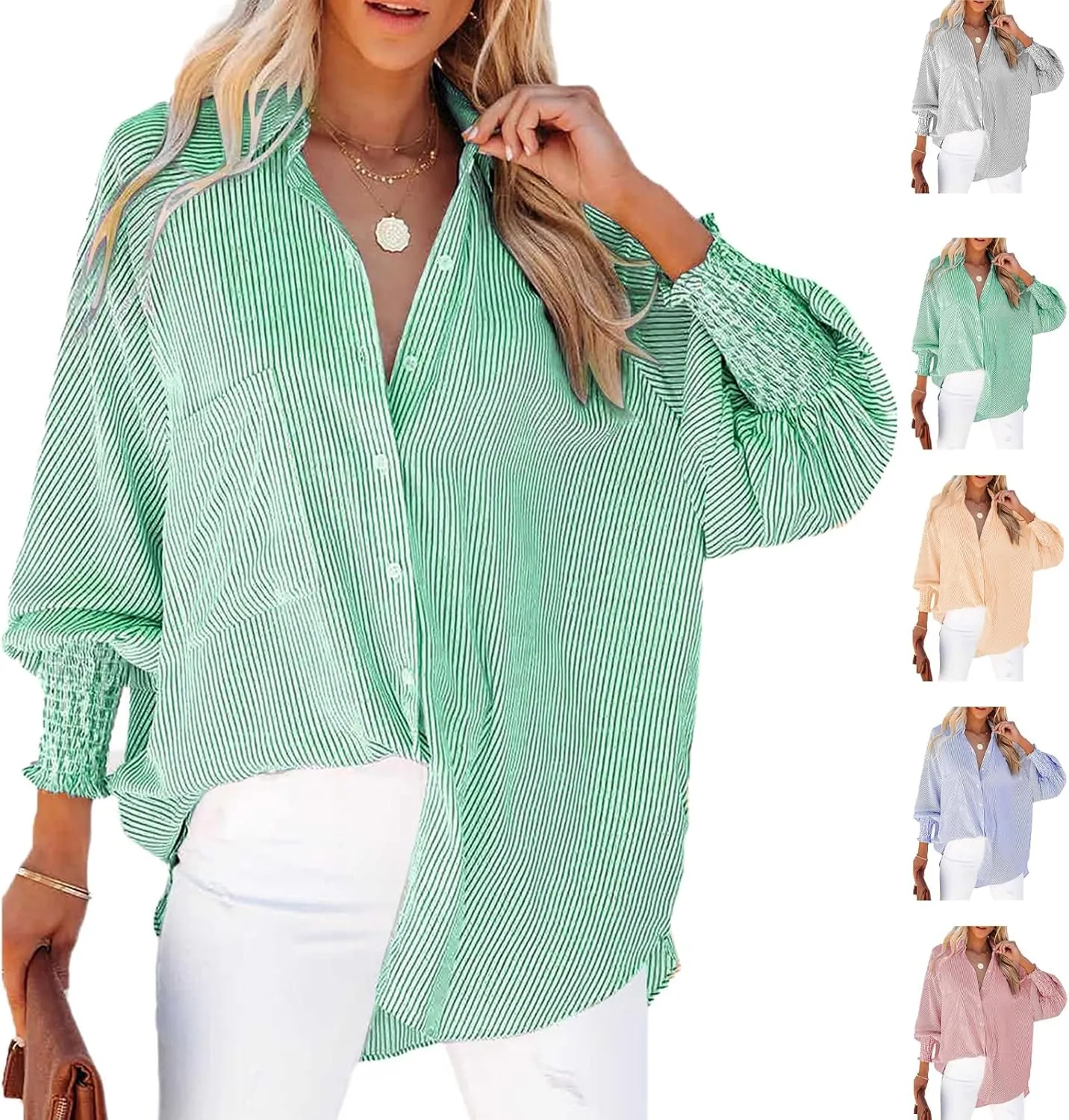 Elvessa Ethereal Stripe Blouse with Pockets, Mid-Length Shirt with Striped Lapel, Button Down Blouse Tops with Pocket