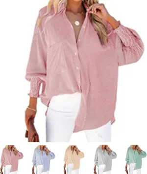 Elvessa Ethereal Stripe Blouse with Pockets, Mid-Length Shirt with Striped Lapel, Button Down Shirts Casual