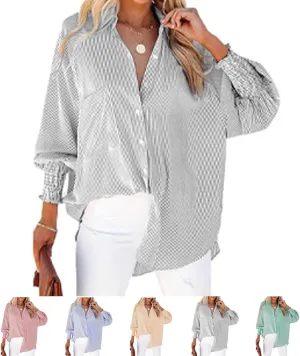Elvessa Ethereal Stripe Blouse with Pockets, Mid-Length Shirt with Striped Lapel, Button Down Shirts Casual