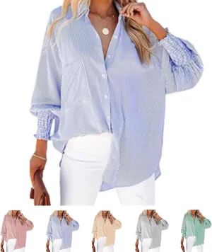 Elvessa Ethereal Stripe Blouse with Pockets, Mid-Length Shirt with Striped Lapel, Button Down Shirts Casual