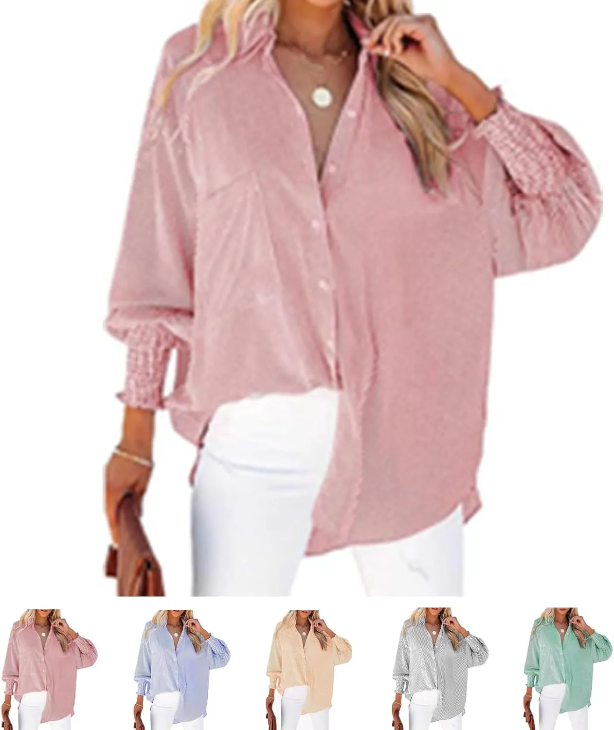 Elvessa Ethereal Stripe Blouse with Pockets, Mid-Length Shirt with Striped Lapel, Button Down Shirts Casual