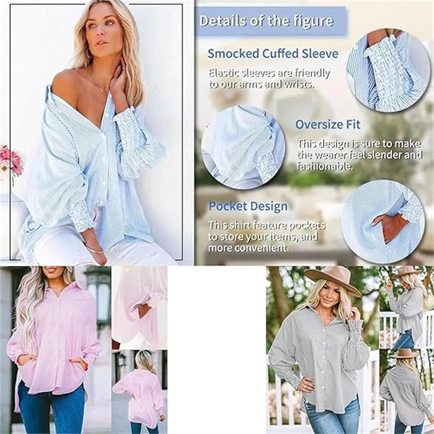 Elvessa Ethereal Stripe Blouse with Pockets, Mid-Length Shirt with Striped Lapel, Button Down Shirts Casual