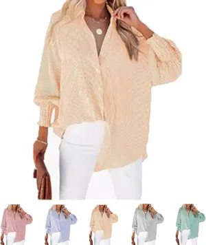 Elvessa Ethereal Stripe Blouse with Pockets, Mid-Length Shirt with Striped Lapel, Button Down Shirts Casual
