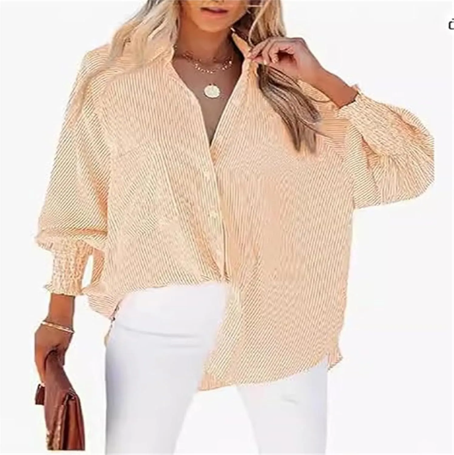 Elvessa Ethereal Stripe Blouse with Pockets, Mid-Length Shirt with Striped Lapel, Button Down Shirts Casual