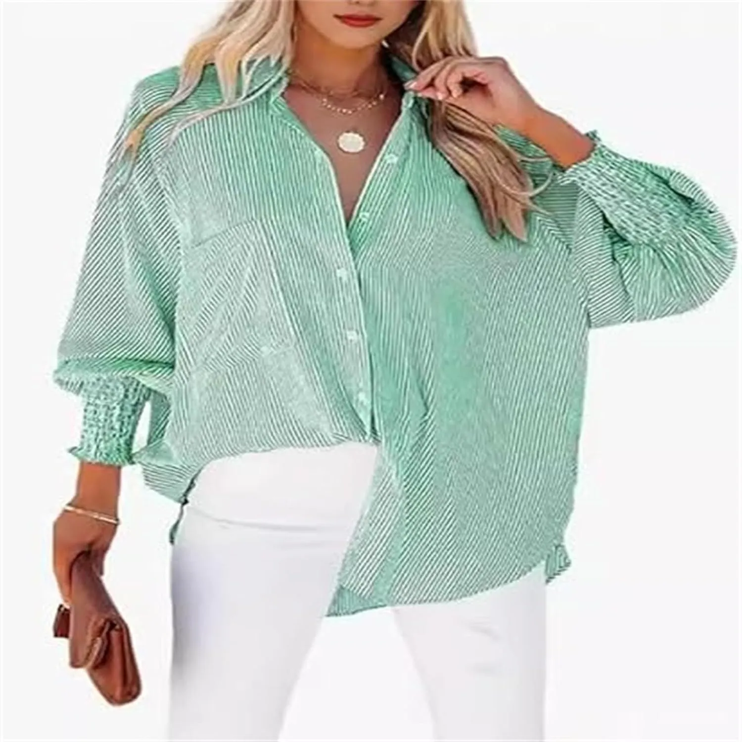 Elvessa Ethereal Stripe Blouse with Pockets, Mid-Length Shirt with Striped Lapel, Button Down Shirts Casual
