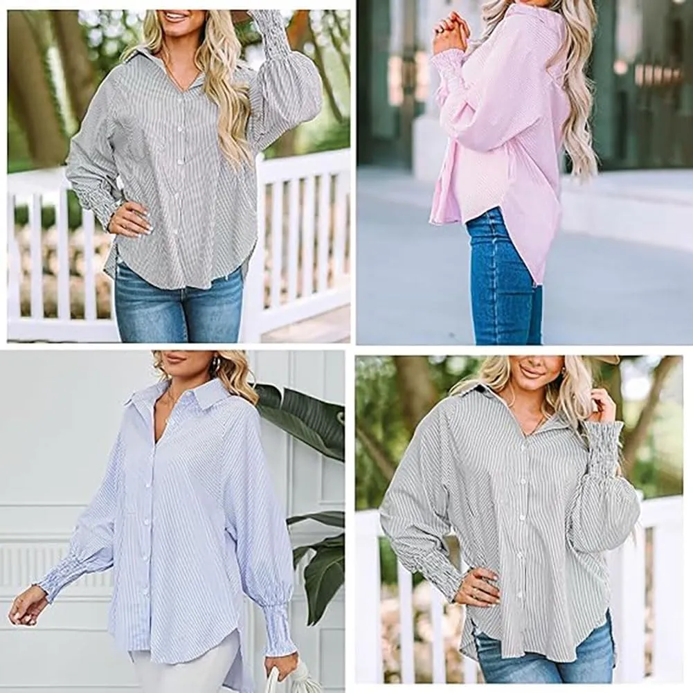 Elvessa Ethereal Stripe Blouse with Pockets, Mid-Length Shirt with Striped Lapel, Puff Sleeve Tops