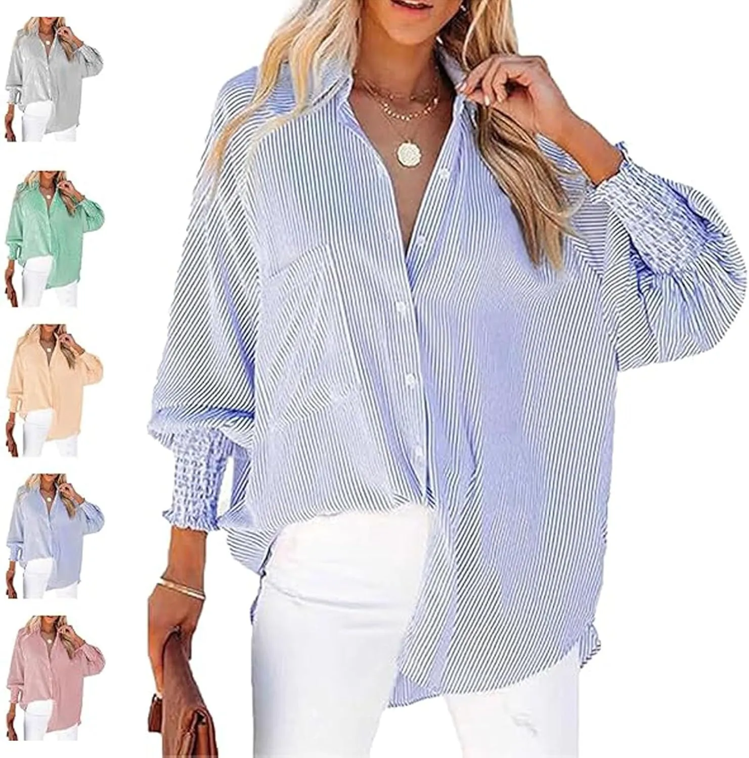 Elvessa Ethereal Stripe Blouse with Pockets, Mid-Length Shirt with Striped Lapel, Puff Sleeve Tops
