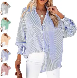 Elvessa Ethereal Stripe Blouse with Pockets, Mid-Length Shirt with Striped Lapel, Puff Sleeve Tops