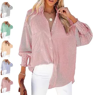 Elvessa Ethereal Stripe Blouse with Pockets, Mid-Length Shirt with Striped Lapel, Puff Sleeve Tops