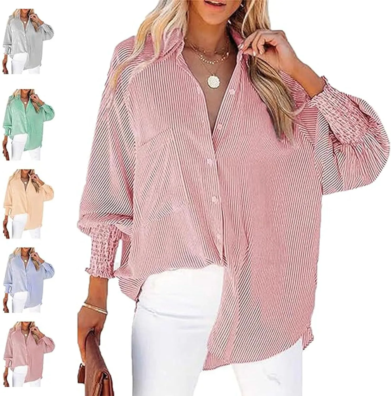 Elvessa Ethereal Stripe Blouse with Pockets, Mid-Length Shirt with Striped Lapel, Puff Sleeve Tops