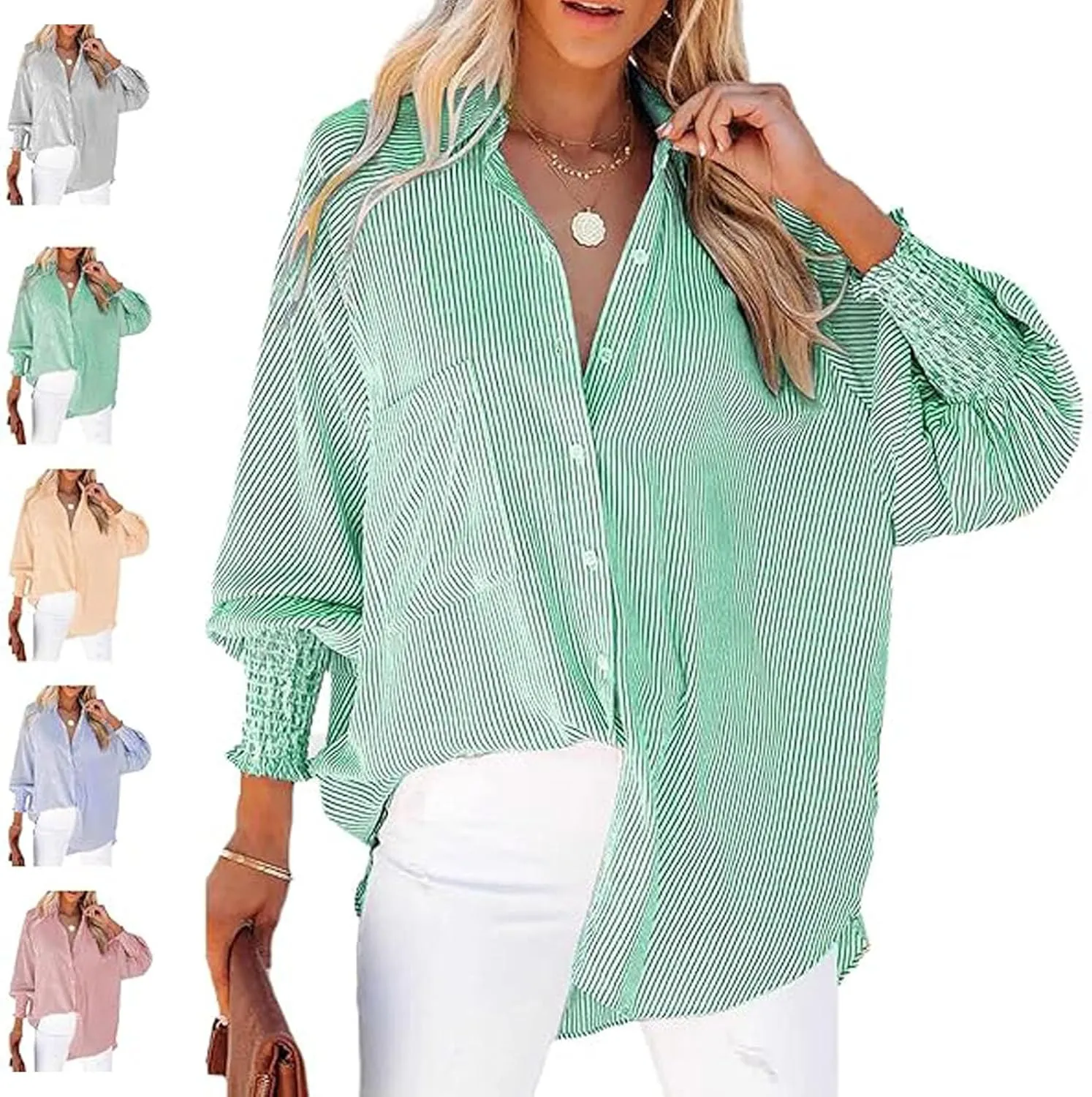 Elvessa Ethereal Stripe Blouse with Pockets, Mid-Length Shirt with Striped Lapel, Puff Sleeve Tops