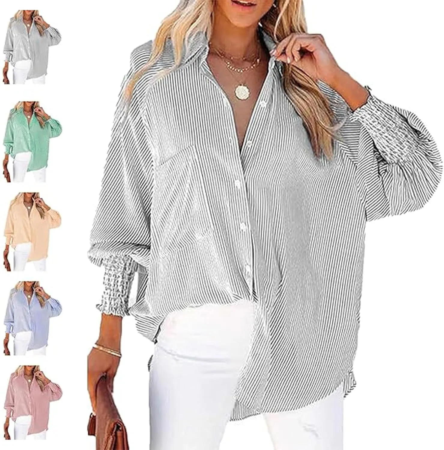 Elvessa Ethereal Stripe Blouse with Pockets, Mid-Length Shirt with Striped Lapel, Puff Sleeve Tops