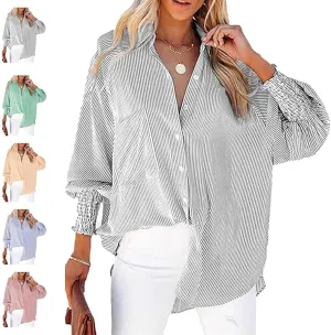 Elvessa Ethereal Stripe Blouse with Pockets, Mid-Length Shirt with Striped Lapel, Puff Sleeve Tops