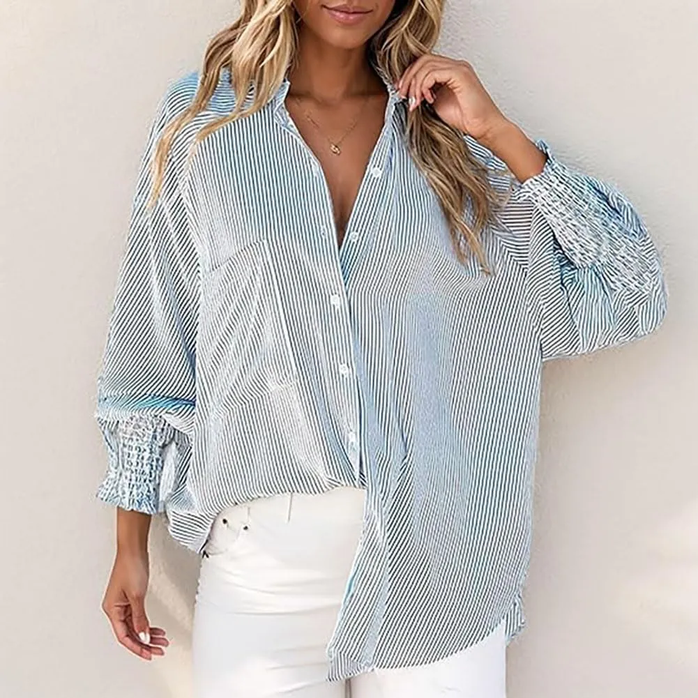 Elvessa Ethereal Stripe Blouse with Pockets, Mid-Length Shirt with Striped Lapel, Puff Sleeve Tops