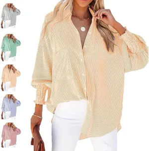 Elvessa Ethereal Stripe Blouse with Pockets, Mid-Length Shirt with Striped Lapel, Puff Sleeve Tops