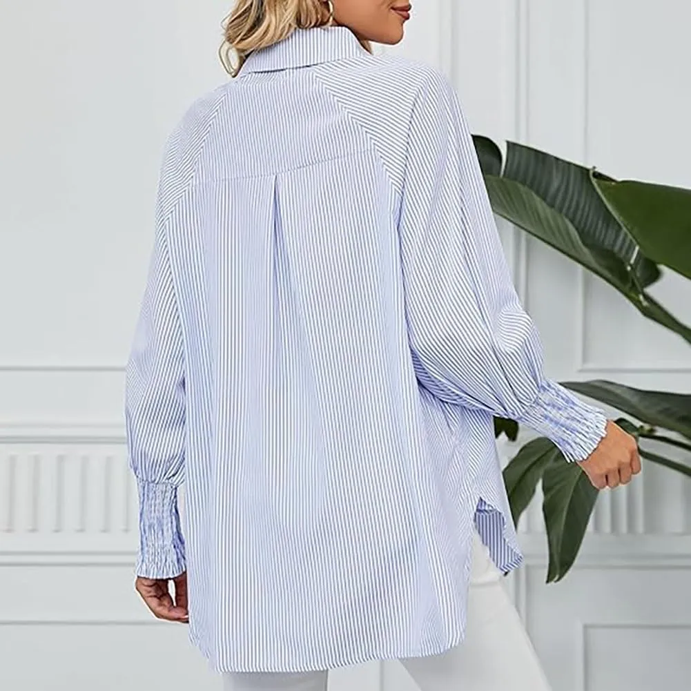 Elvessa Ethereal Stripe Blouse with Pockets, Mid-Length Shirt with Striped Lapel, Puff Sleeve Tops
