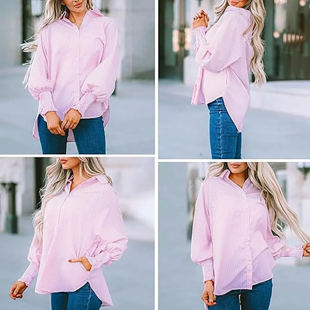 Elvessa Ethereal Stripe Blouse with Pockets, Mid-Length Shirt with Striped Lapel, Puff Sleeve Tops