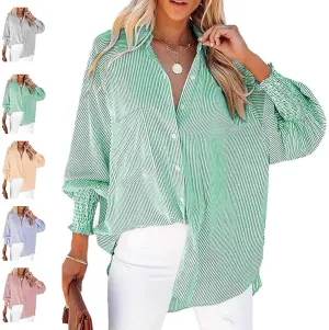 Elvessa Ethereal Stripe Blouse with Pockets, Mid-Length Shirt with Striped Lapel, Puff Sleeve Tops