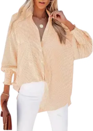 Elvessa Ethereal Stripe Blouse with Pockets - Womens Smocked Cuffed Striped Boyfriend Shirt, Button Down Shirts