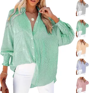Elvessa Ethereal Stripe Blouse with Pockets - Womens Smocked Cuffed Striped Boyfriend Shirt, Button Down Shirts