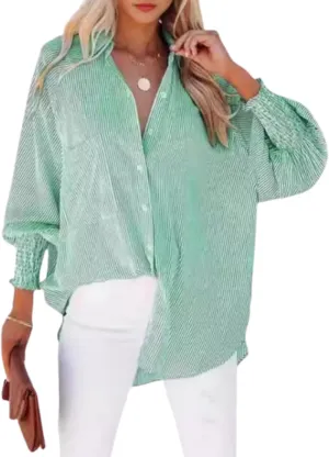 Elvessa Ethereal Stripe Blouse with Pockets - Womens Smocked Cuffed Striped Boyfriend Shirt, Button Down Shirts