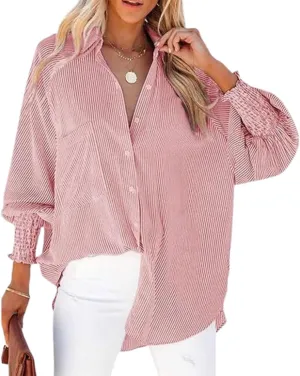 Elvessa Ethereal Stripe Blouse with Pockets - Womens Smocked Cuffed Striped Boyfriend Shirt, Button Down Shirts