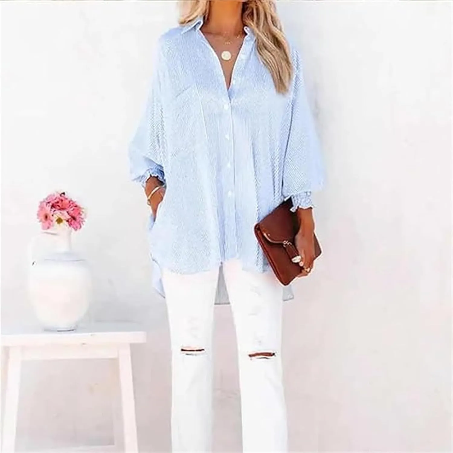 Elvessa Ethereal Stripe Blouse with Pockets - Womens Smocked Cuffed Striped Boyfriend Shirt, Flowy Button Down Shirts