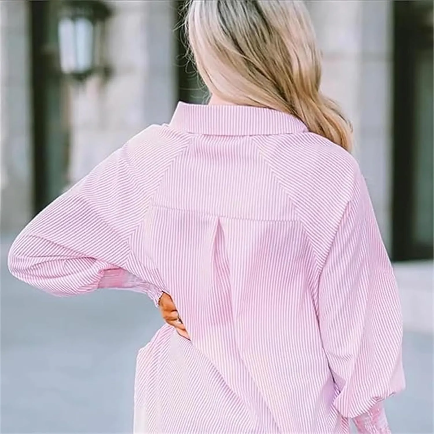 Elvessa Ethereal Stripe Blouse with Pockets - Womens Smocked Cuffed Striped Boyfriend Shirt, Flowy Button Down Shirts