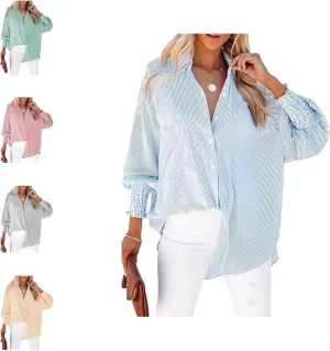Elvessa Ethereal Stripe Blouse with Side Pockets, mid-Length Smocked Shirt with Striped Lapel, Flowy Button Down Shirts