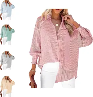 Elvessa Ethereal Stripe Blouse with Side Pockets, mid-Length Smocked Shirt with Striped Lapel, Flowy Button Down Shirts