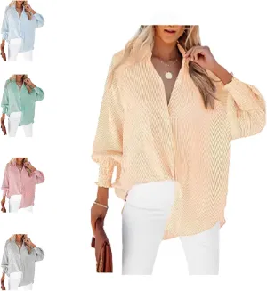 Elvessa Ethereal Stripe Blouse with Side Pockets, mid-Length Smocked Shirt with Striped Lapel, Flowy Button Down Shirts