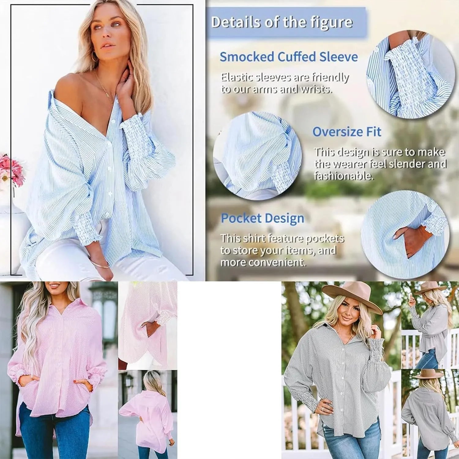 Elvessa Ethereal Stripe Blouse with Side Pockets, mid-Length Smocked Shirt with Striped Lapel, Flowy Button Down Shirts