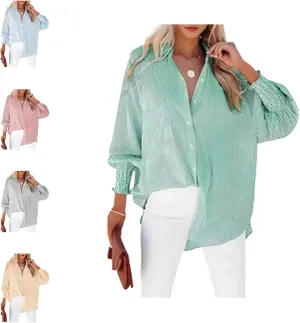 Elvessa Ethereal Stripe Blouse with Side Pockets, mid-Length Smocked Shirt with Striped Lapel, Flowy Button Down Shirts