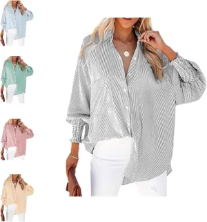 Elvessa Ethereal Stripe Blouse with Side Pockets, mid-Length Smocked Shirt with Striped Lapel, Flowy Button Down Shirts