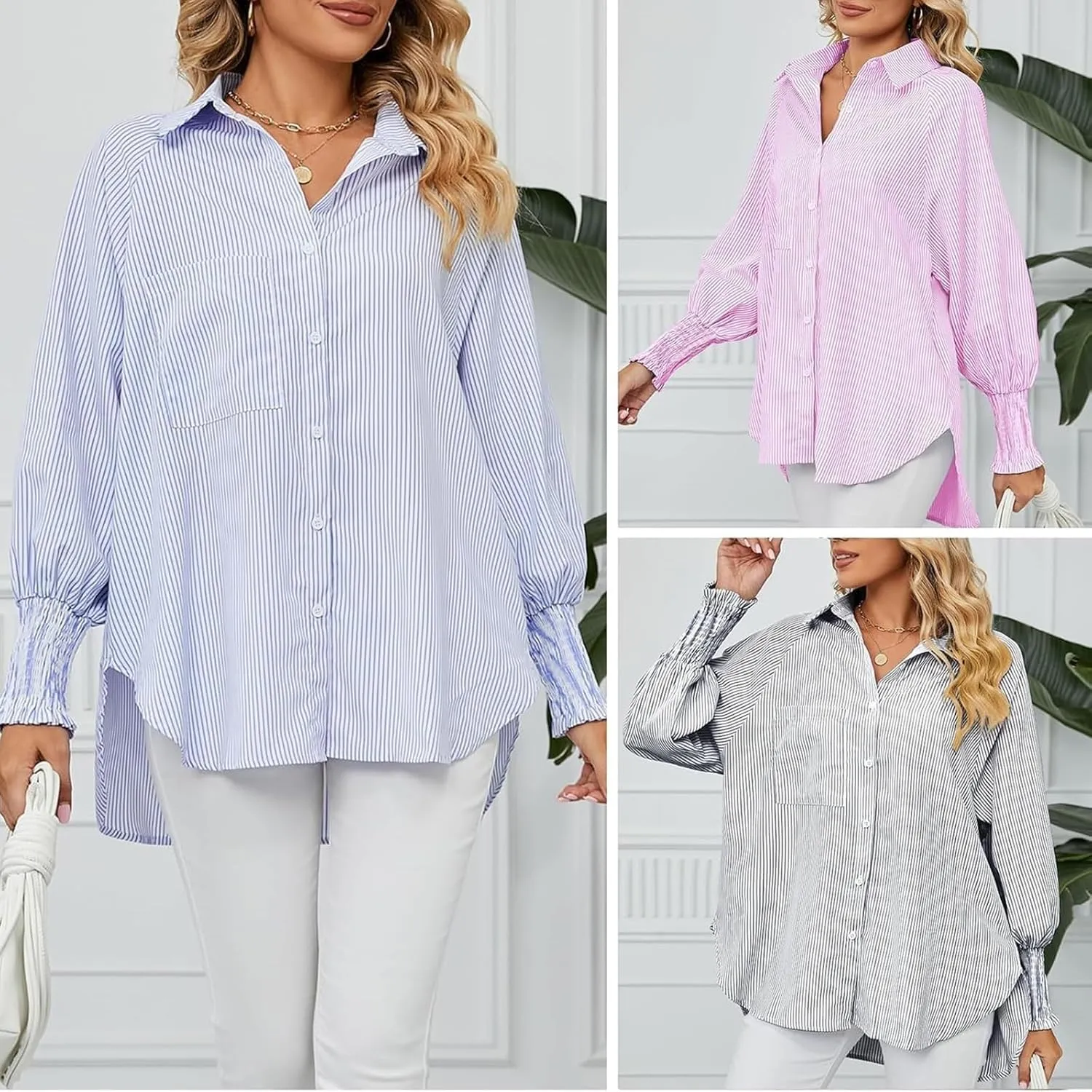Elvessa Ethereal Stripe Blouse with Side Pockets, mid-Length Smocked Shirt with Striped Lapel, Flowy Button Down Shirts
