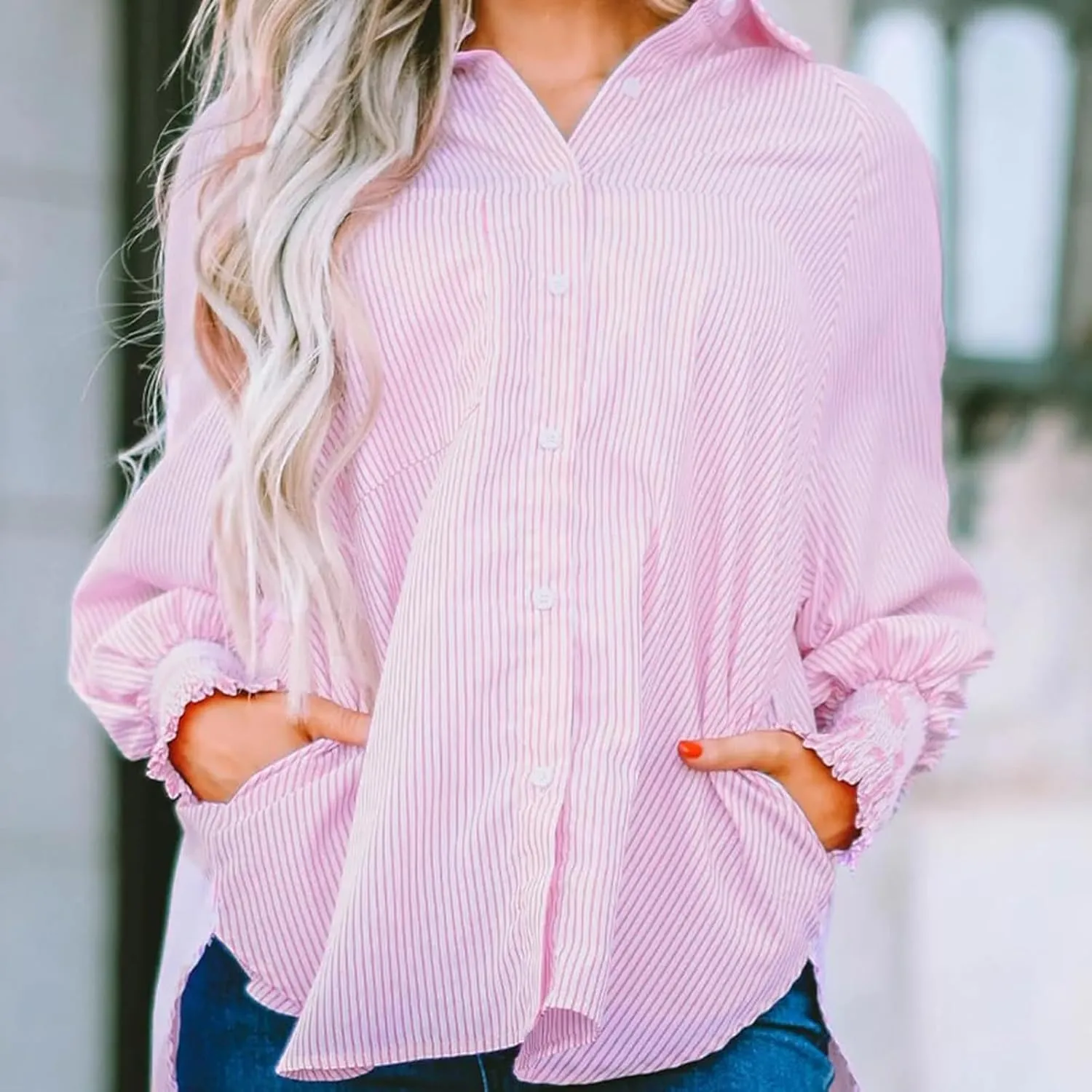 Elvessa Ethereal Stripe Blouse with Side Pockets, mid-Length Smocked Shirt with Striped Lapel, Flowy Button Down Shirts