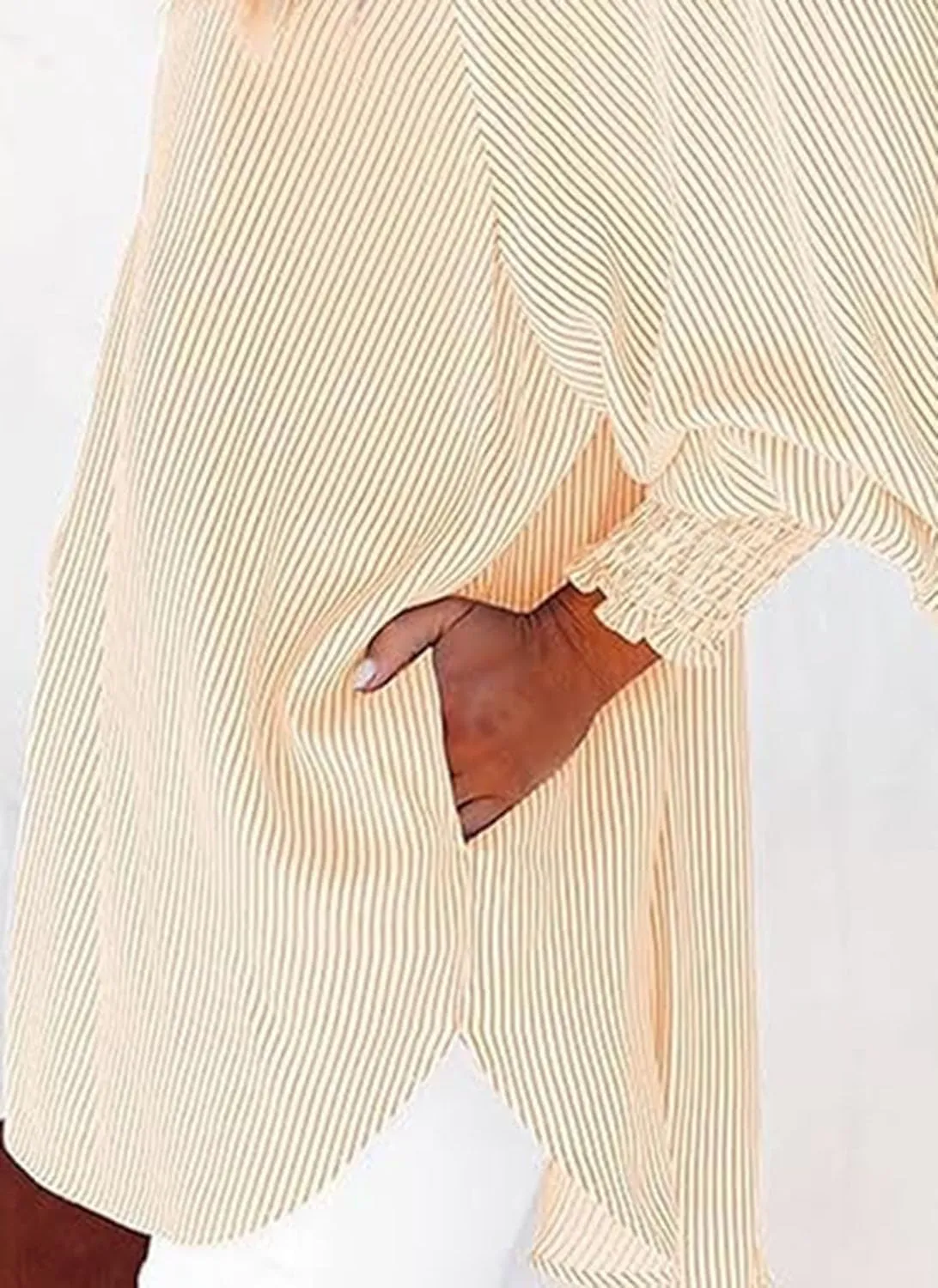 Elvessa Ethereal Stripe Blouse with Side Pockets, mid-Length Smocked Shirt with Striped Lapel, Flowy Button Down Shirts