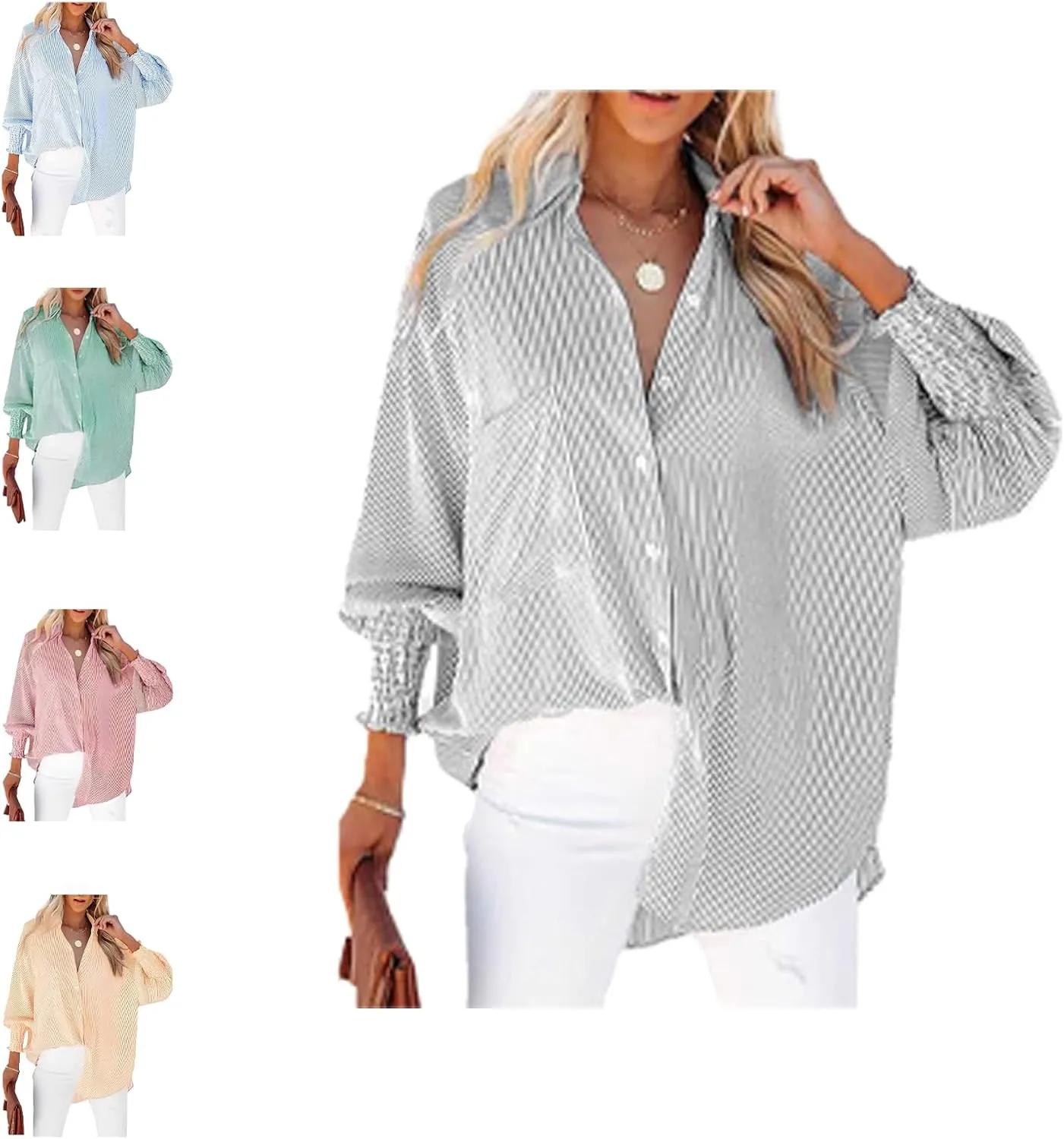 Elvessa Ethereal Stripe Blouse with Side Pockets, mid-Length Smocked Shirt with Striped Lapel, Flowy Button Down Shirts