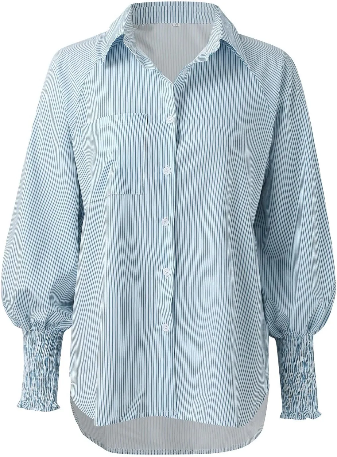 Elvessa Shirts, Stripe Blouse with Pockets - Womens Smocked Cuffed Striped Boyfriend Shirt, Button Down Tshirt Blouse