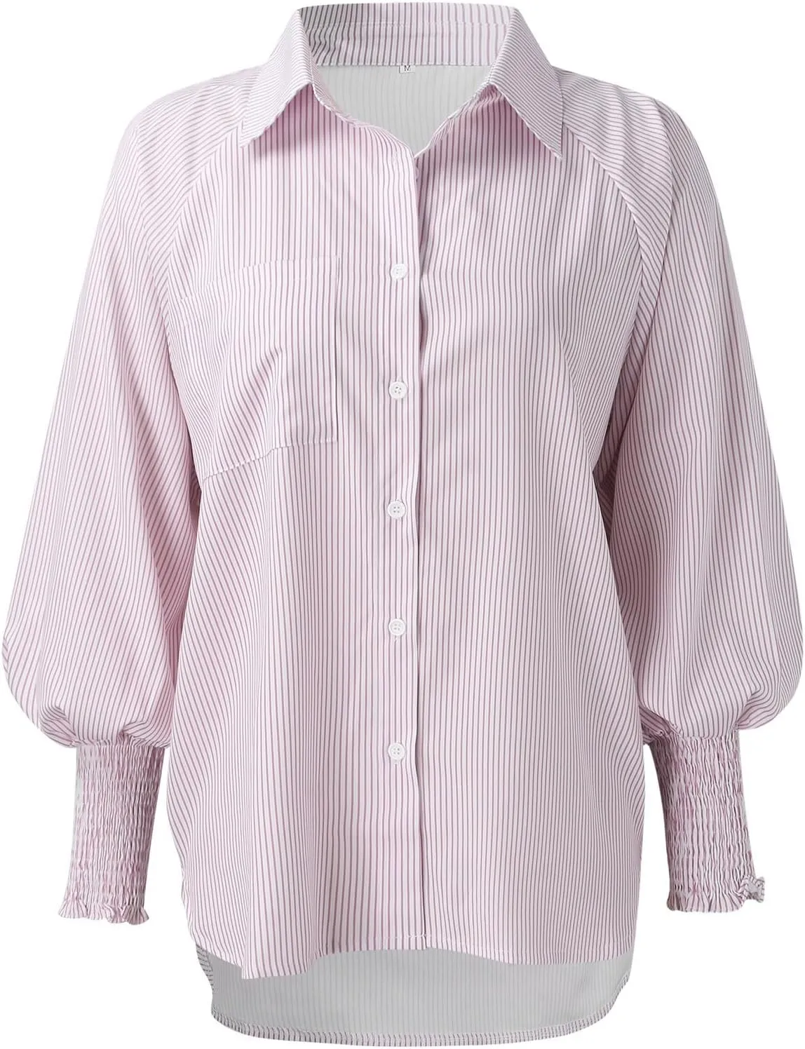 Elvessa Shirts, Stripe Blouse with Pockets - Womens Smocked Cuffed Striped Boyfriend Shirt, Button Down Tshirt Blouse