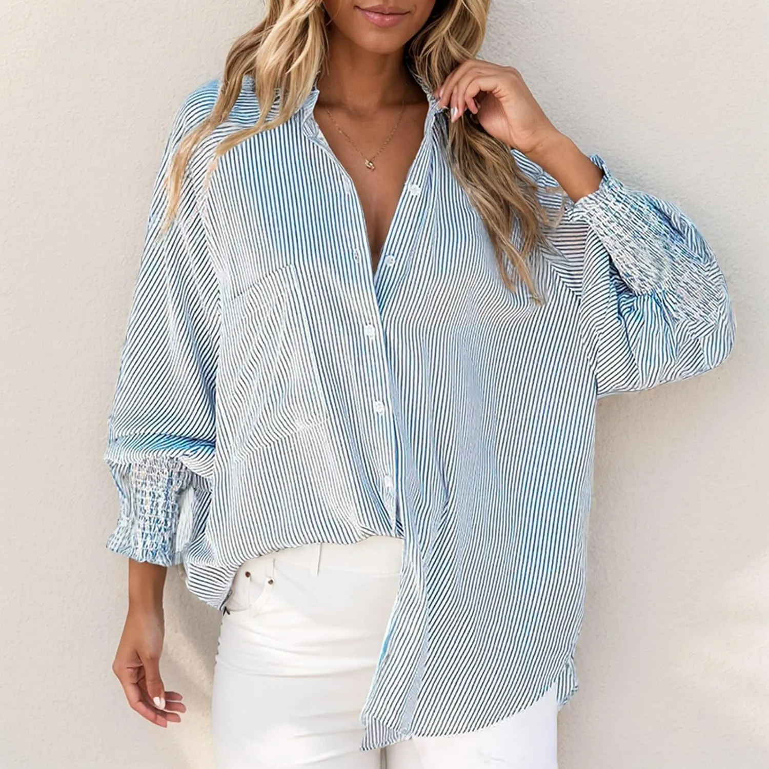 Elvessa Shirts, Stripe Blouse with Pockets - Womens Smocked Cuffed Striped Boyfriend Shirt, Button Down Tshirt Blouse