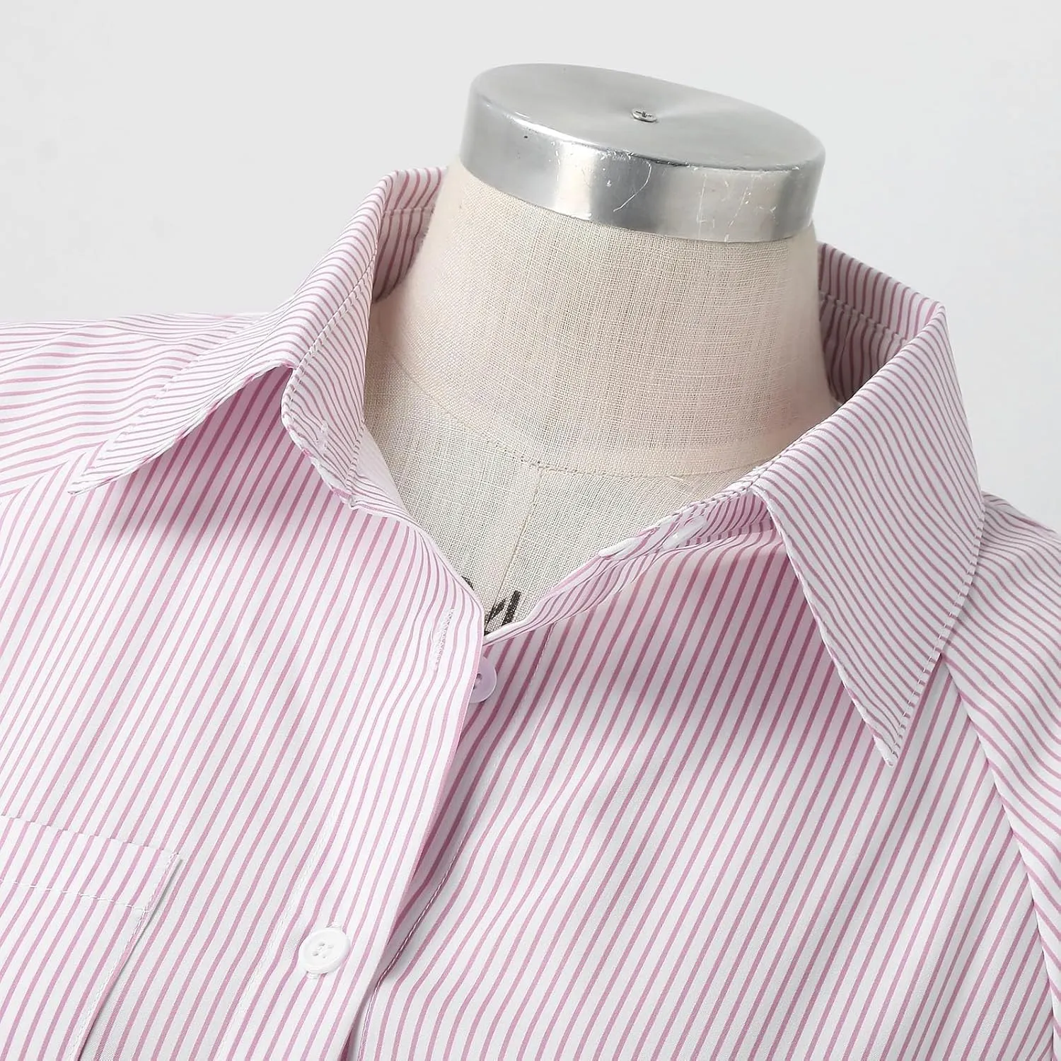 Elvessa Shirts, Stripe Blouse with Pockets - Womens Smocked Cuffed Striped Boyfriend Shirt, Button Down Tshirt Blouse