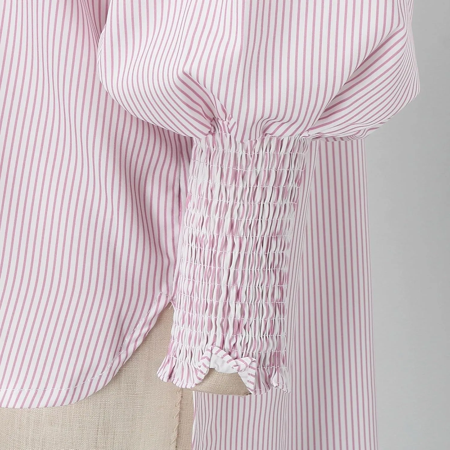 Elvessa Shirts, Stripe Blouse with Pockets - Womens Smocked Cuffed Striped Boyfriend Shirt, Button Down Tshirt Blouse