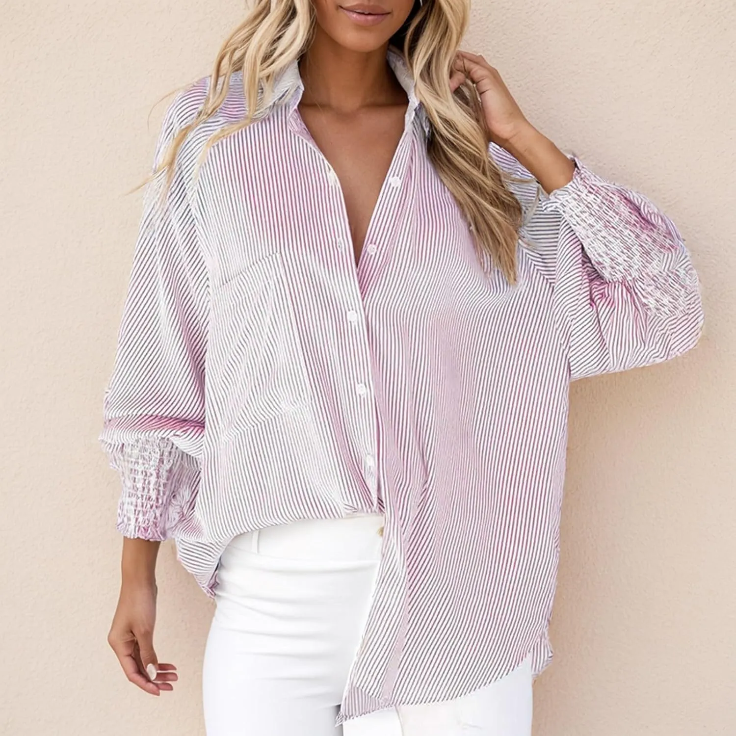 Elvessa Shirts, Stripe Blouse with Pockets - Womens Smocked Cuffed Striped Boyfriend Shirt, Button Down Tshirt Blouse