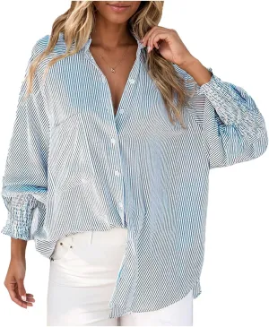 Elvessa Shirts, Stripe Blouse with Pockets - Womens Smocked Cuffed Striped Boyfriend Shirt, Button Down Tshirt Blouse